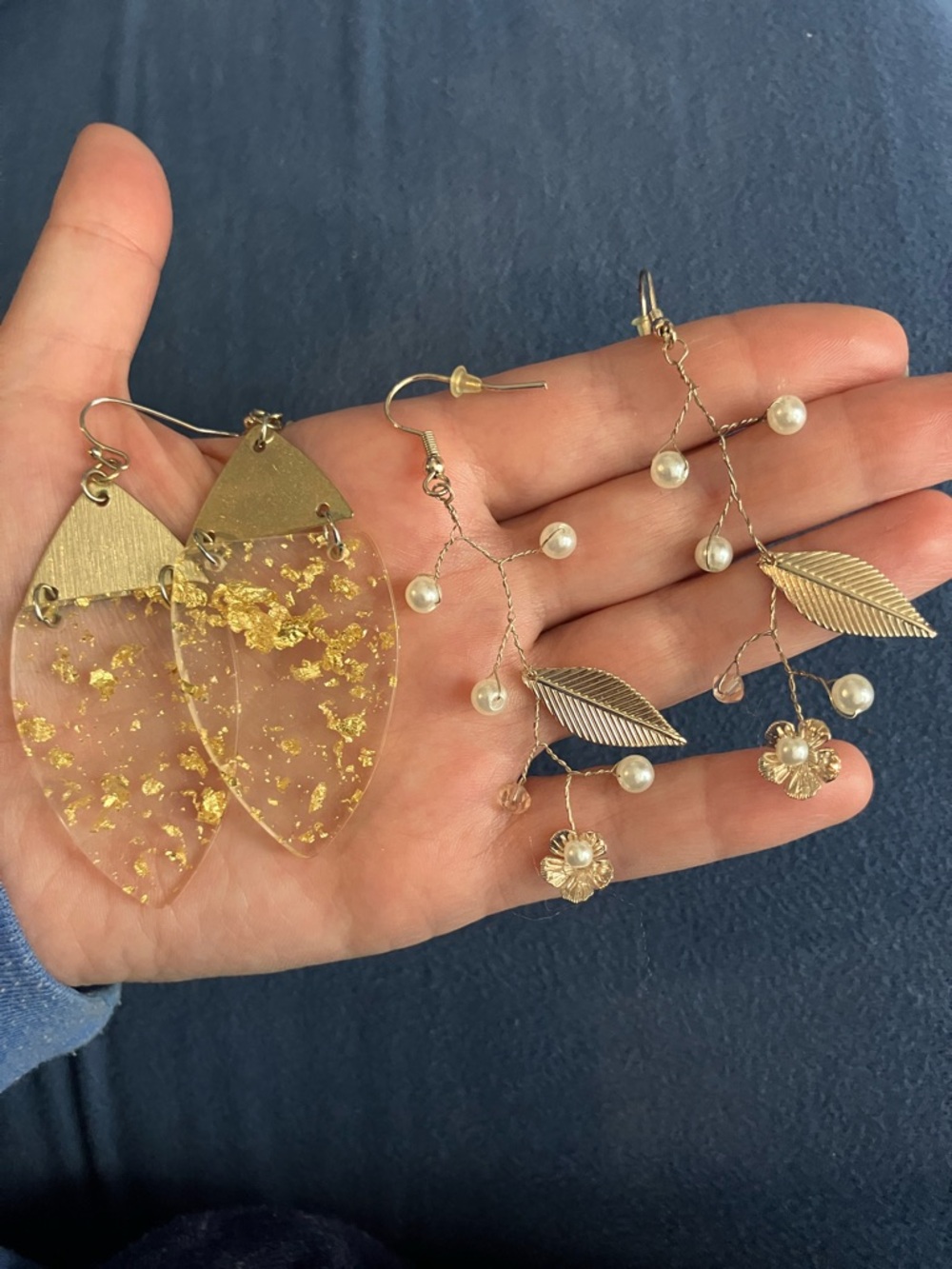 Gold Leaf Resin Drop Earrings and Gold Pearl Branch Earrings - Women Jewelry